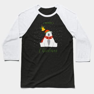 Holiday greeting from funny Polar Bear with elf hat and holly Baseball T-Shirt